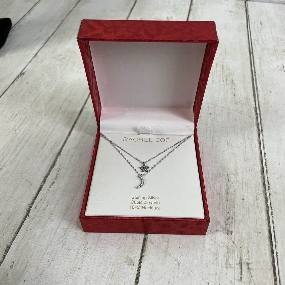 2 Layer Sun & Moon Sterling Silver W/ Cubic Zirconia Necklace Rachel Zoe - New - Picture 4 of 7